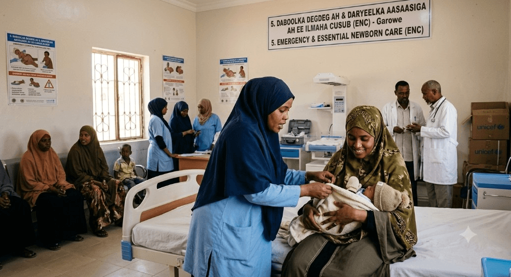 Healthcare worker supporting a mother and newborn in an Emergency and Essential Newborn Care unit